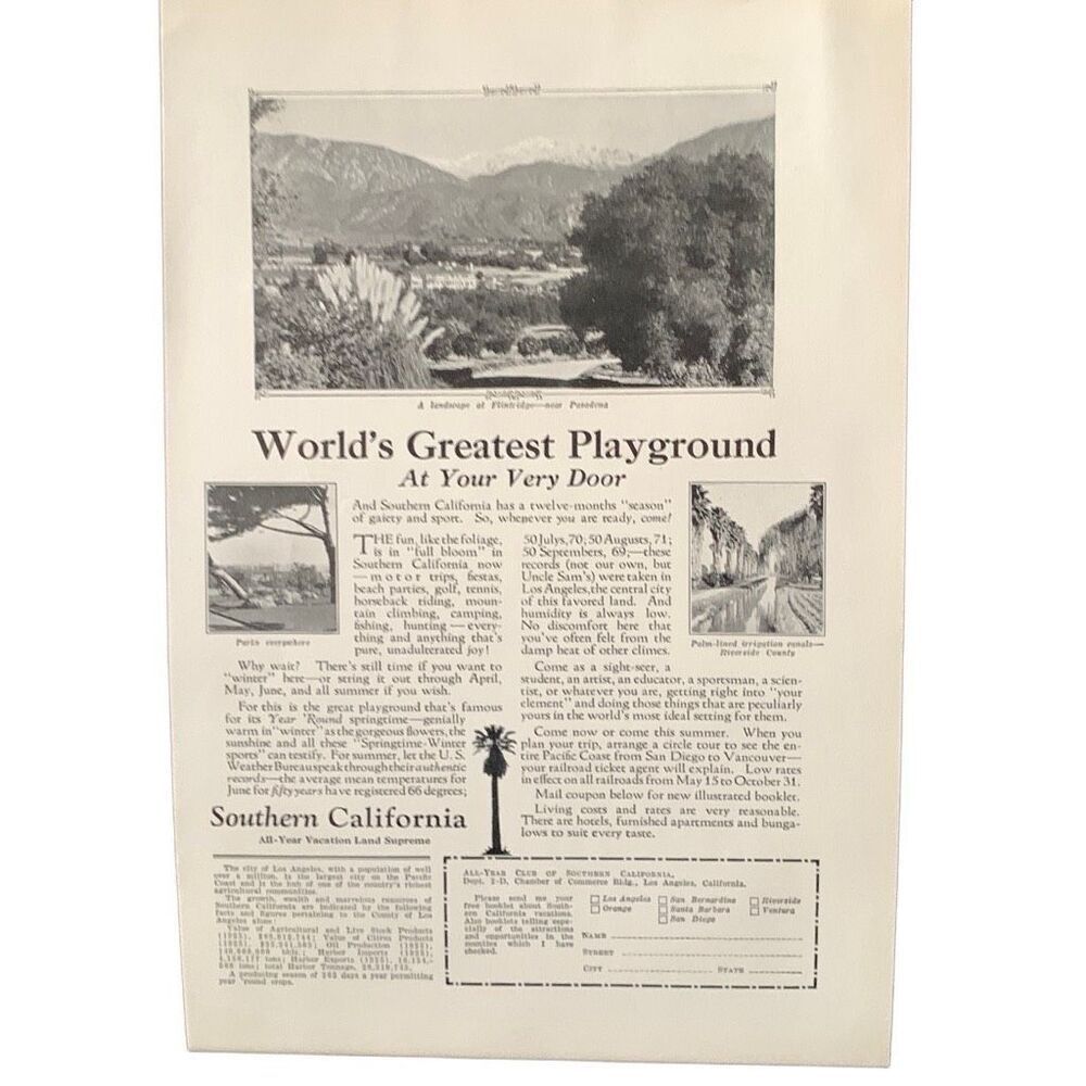 Vintage 1927 Southern California Worlds Greatest Playground Ad Advertisement